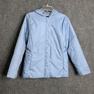 Izod Outerwear Nylon Quilted Hooded Short Jacket Women M Light Blue Winter Warm